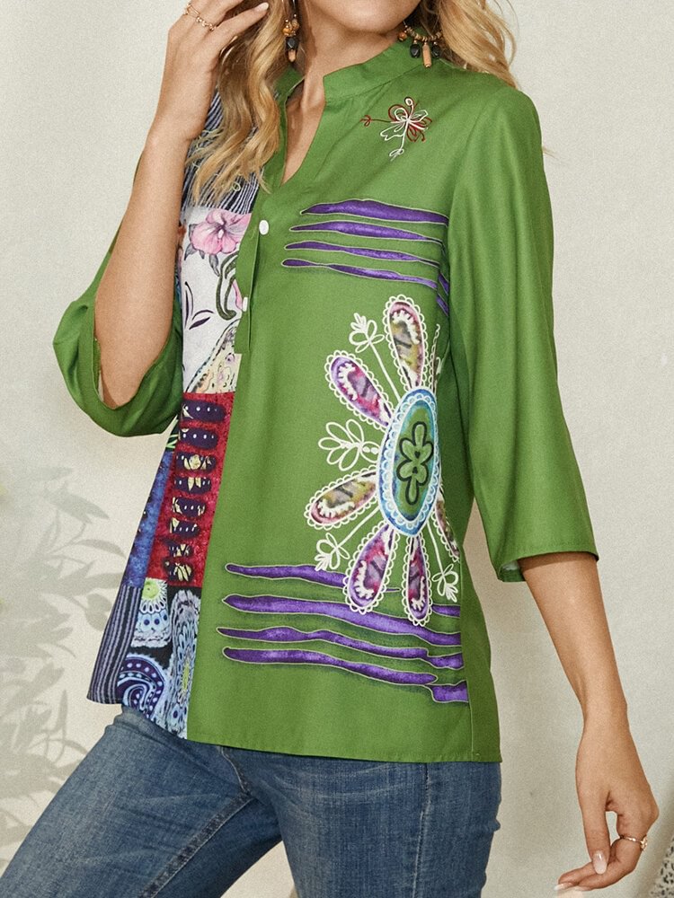 Ethnic Print Button Three quarters Sleeve Casual Blouse for Women P1811262
