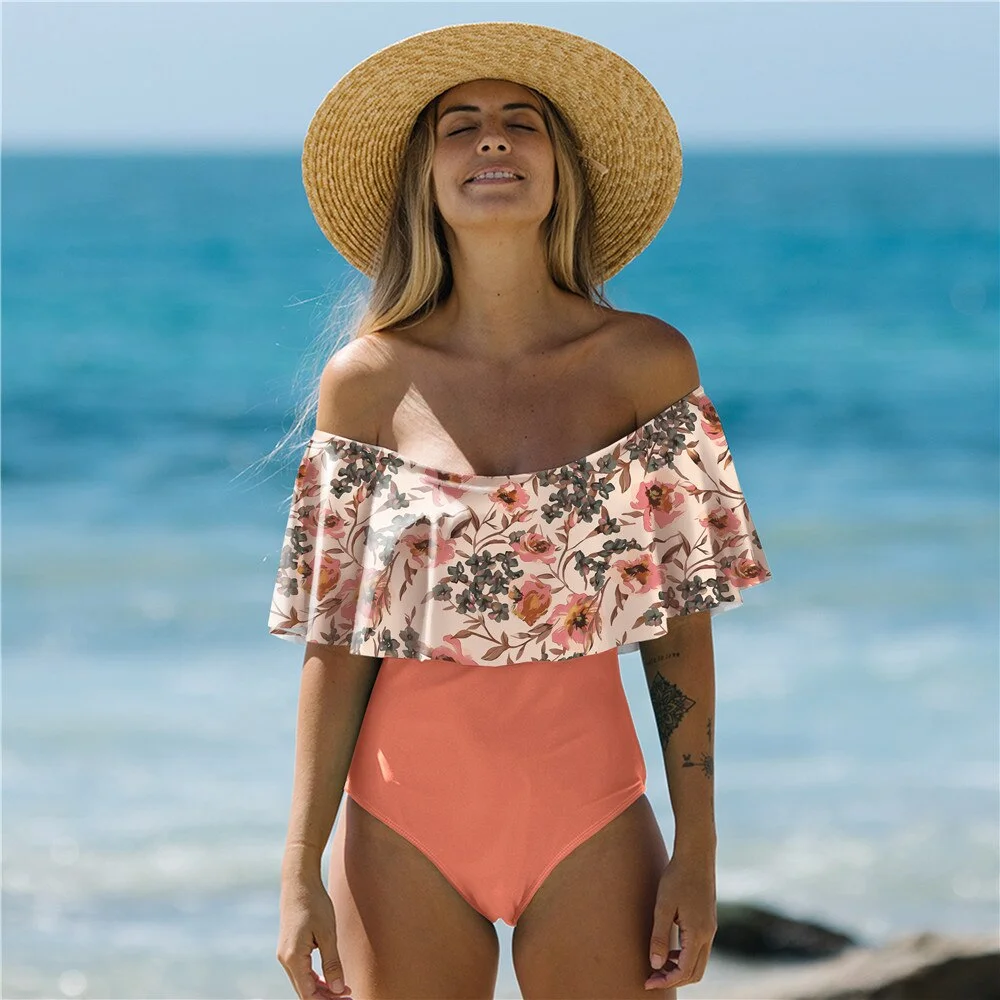2020 One Piece Swimsuit Swimwear Women Print Ruffle Swimsuit Bodysuit Monokini Female Padded Bathing Suits Beach Wear Summer