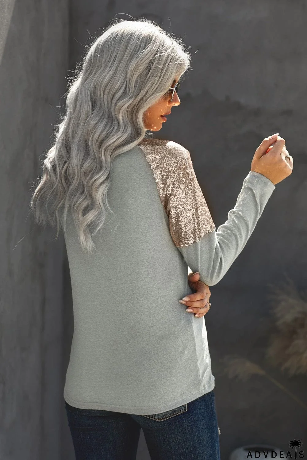 Sequin Shoulder Long Sleeve Top