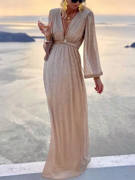 V-neck sequin long elegance dress