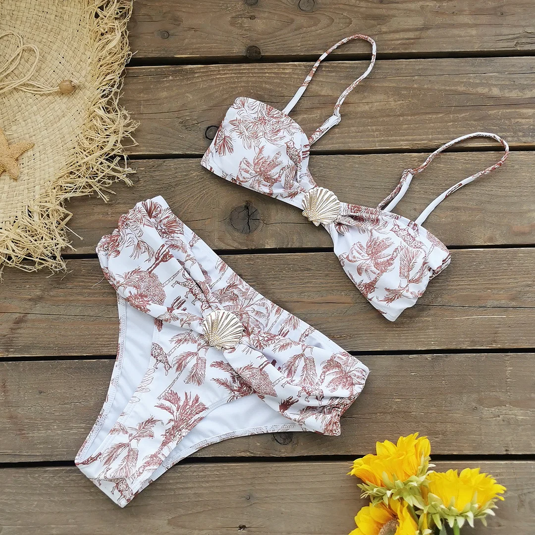 Uveng 2025 New Retro Print Bra High-Waisted Bikini Long-Sleeved Mesh Jar Jersey Cardigan Three-Piece Set Of Split Swimsuit