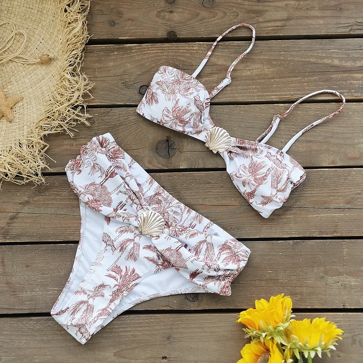 Bandeau Printed Bikini Swimsuit and Cardigan