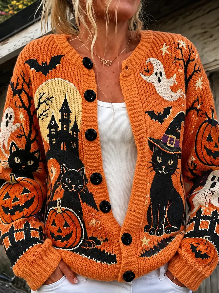 Comstylish Women's Orange Halloween Castle And Black Cat Cardigan