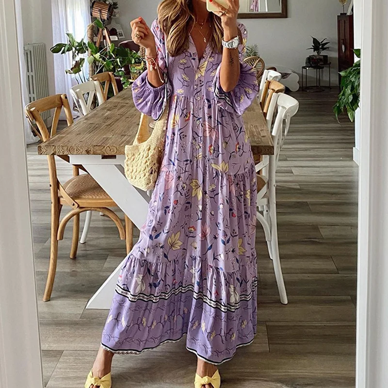 Fashion V-neck Floral Violet Vacation Dress