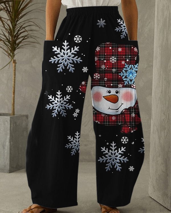 Casual Vintage Christmas Snowman Print Pants