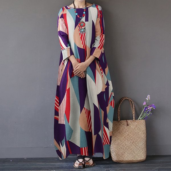 Oversized Women Retro Cotton 3/4 Sleeve Long Shirt Dress Crew Neck Kaftan Geometric Printed Maxi Sundress - Shop Trendy Women's Clothing | LoverChic