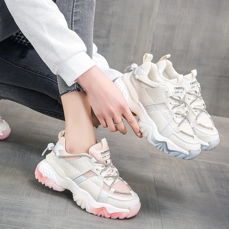 Fashion Mesh Chunky Sneakers Casual Shoes Women Sneakers Comfortable Thick Sole White Flats Platform Sneakers Round Toe Lace Up