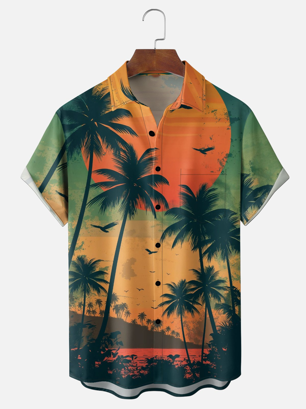Moisture-wicking Coconut Tree Beach Chest Pocket Hawaiian Shirt PLUSCLOTHESMAN