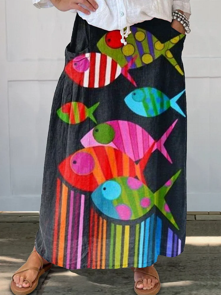 Women's Fish Art  Linen Pocket Skirt