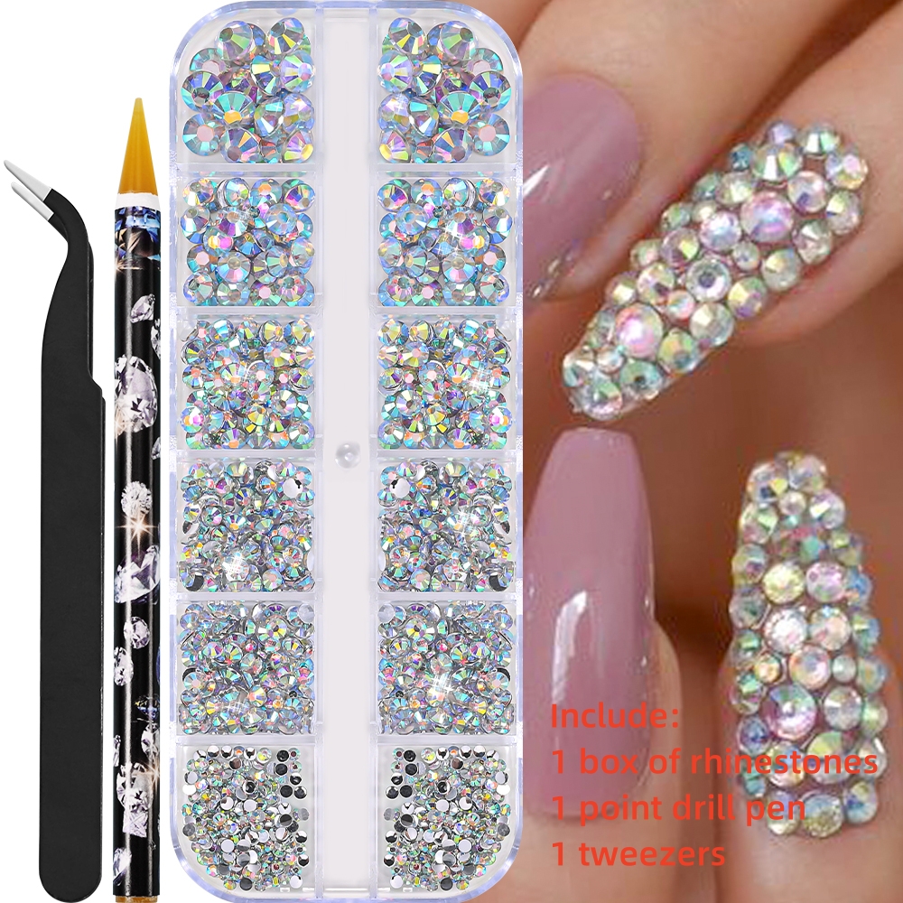 Multi-Size Nail Rhinestones Kit 3D Crystal AB DIY Nail Art Decors Diamond Gems Glitter Manicure Point Drill Pen Tweezers Tools #