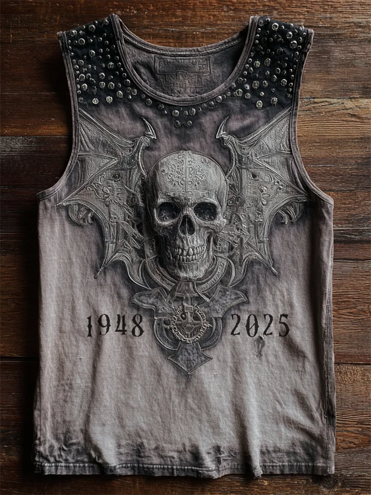 Rock Bat Wings Skull Studded Bleached Tank Top