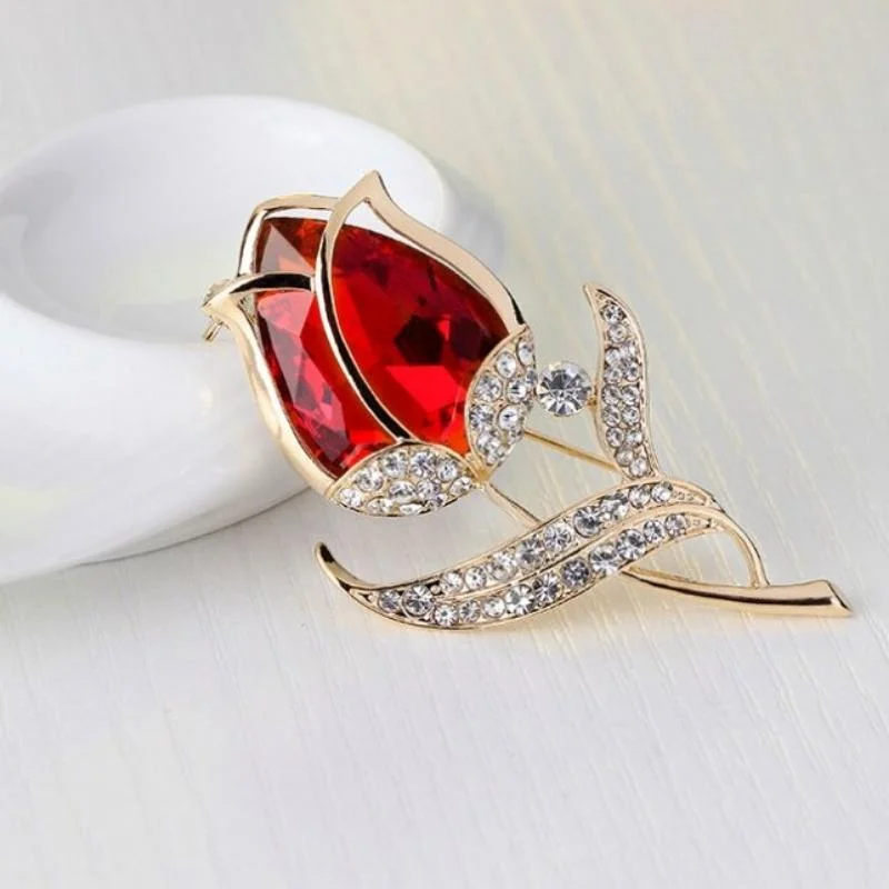 Rhinestone Tulip Flower Brooch Pins