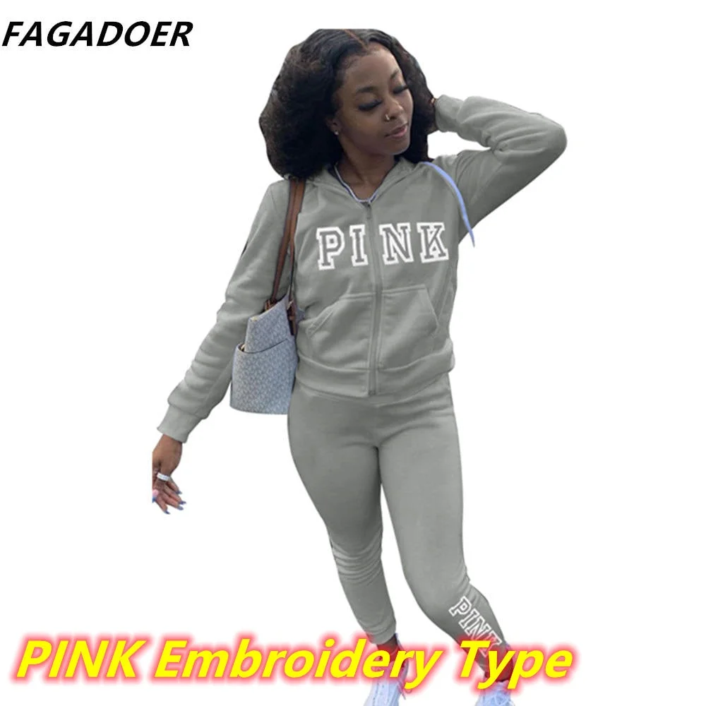 2021 Casual Tracksuits Women Solid Two Piece Set Women Plus Size Pink Letter Embroidery Zipper Hoody Coat + Pants Sets Joggers