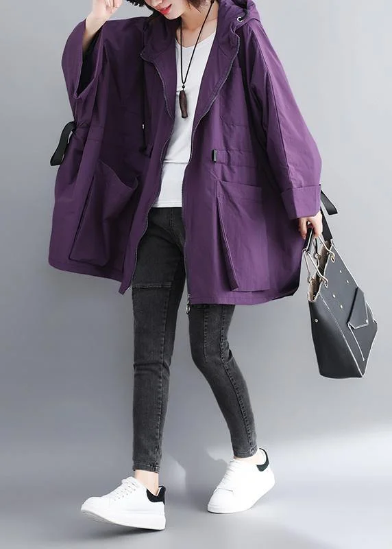Chic Hooded Tie Waist Plus Size Spring Coats Women Purple Dresses Jackets
