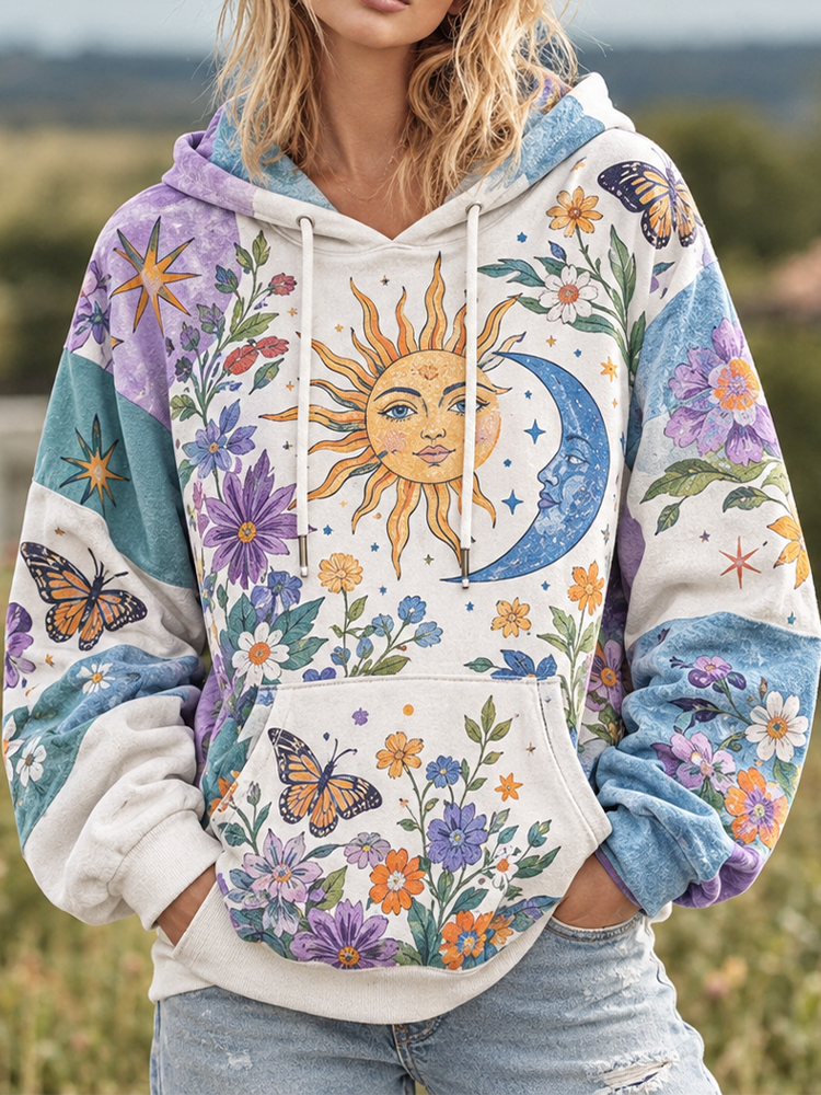 Comstylish Women's Patchwork Sun, Moon, Star, Butterfly & Floral Print Hoodie