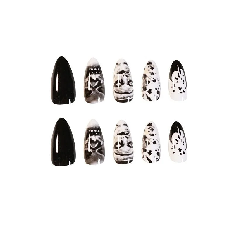 24pcs/set Punk Skull Pattern Fake Nails Pre-design Black Stiletto Full Cover Nail Accessory False Nails with Glue Faux Ongles-Nail Inspo