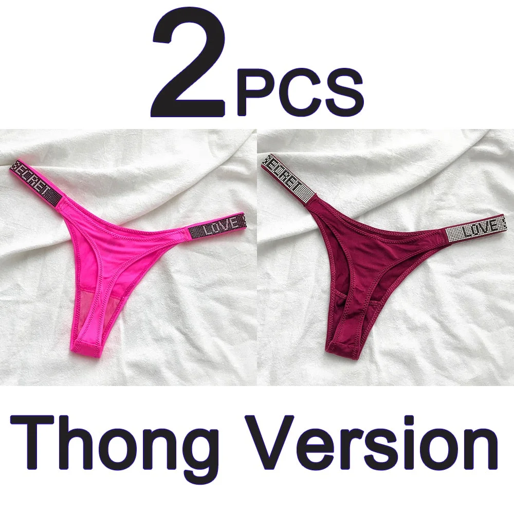 2PCS Sexy Low Waist Panties G String Comfort Satin Underwear Women Rhinestone High Fork Thong Seamless Intimates Lingerie Cotton