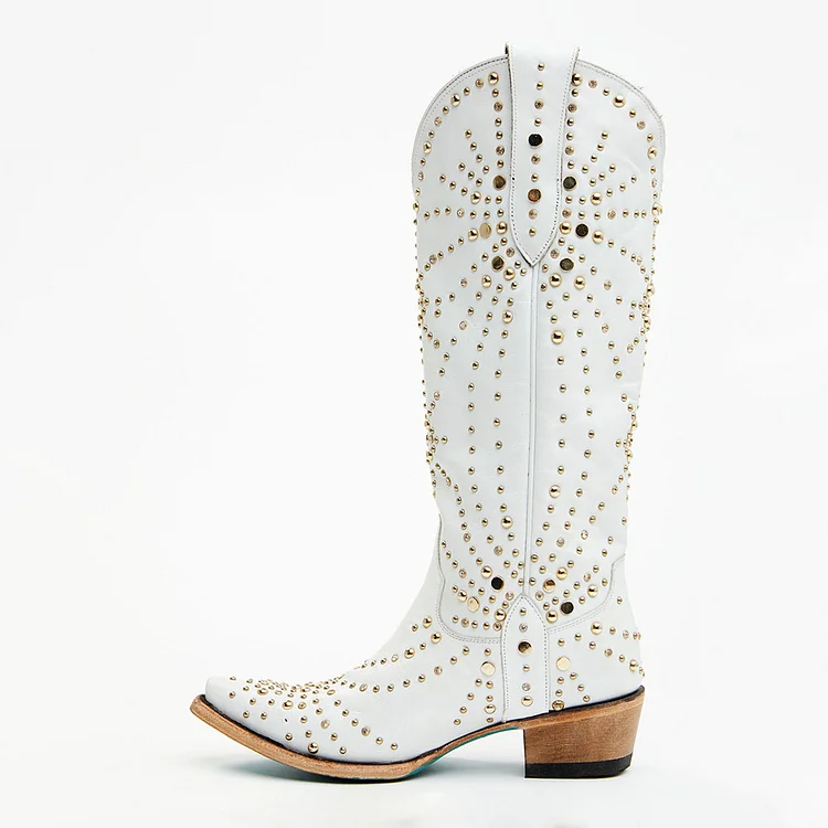 White Snip Toe Low Heel Knee Cowgirl Boots with Gold Studded Decor |FSJ Shoes