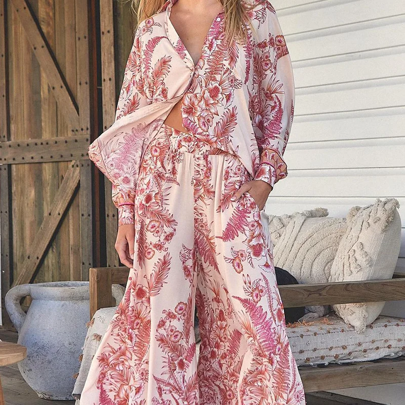 Toloer Toloer Spot Spring 2024 New Women's Fashion Long Sleeve Print Shirt Wide Leg Pants Two-Piece Set-Outfit Ideas