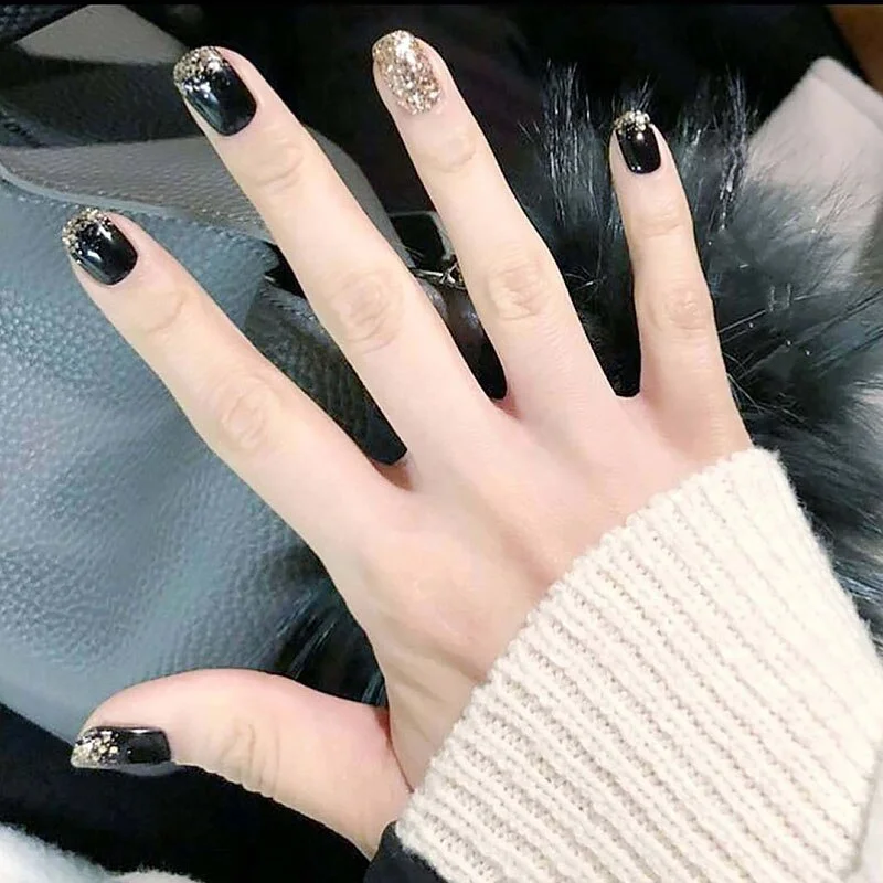 24pcs/boxed Beauty press on nails with Glue Short Size  with Gold Big Sequins False Nail Ladies  Black Color Party acrylic nails