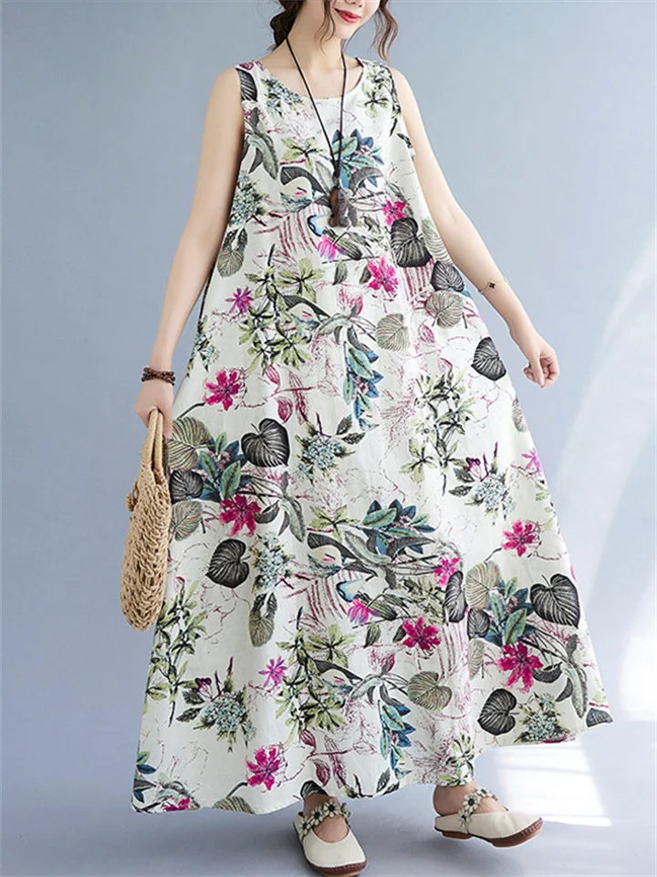 Vintage Printed Loose Cotton Linen Round Neck Sleeveless Dress