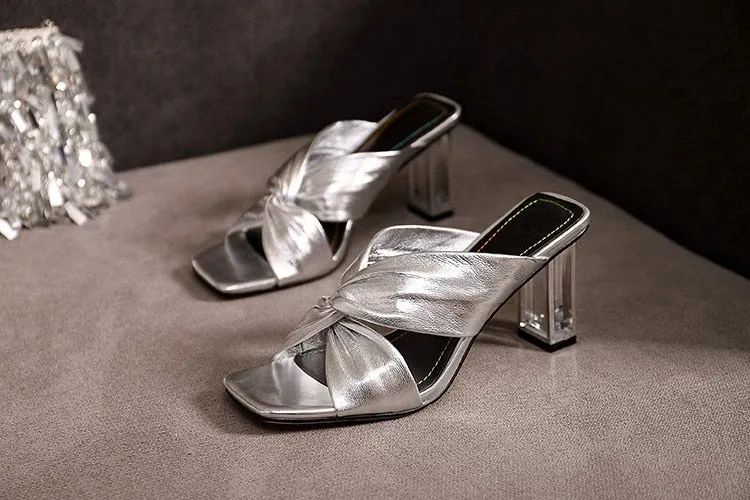 Gold Metallic Leather Knot Sandals Chunky High Heel Open Toe Mule Sandals 9CM Designer Shoes Summer Woman Size 41 Block Heel