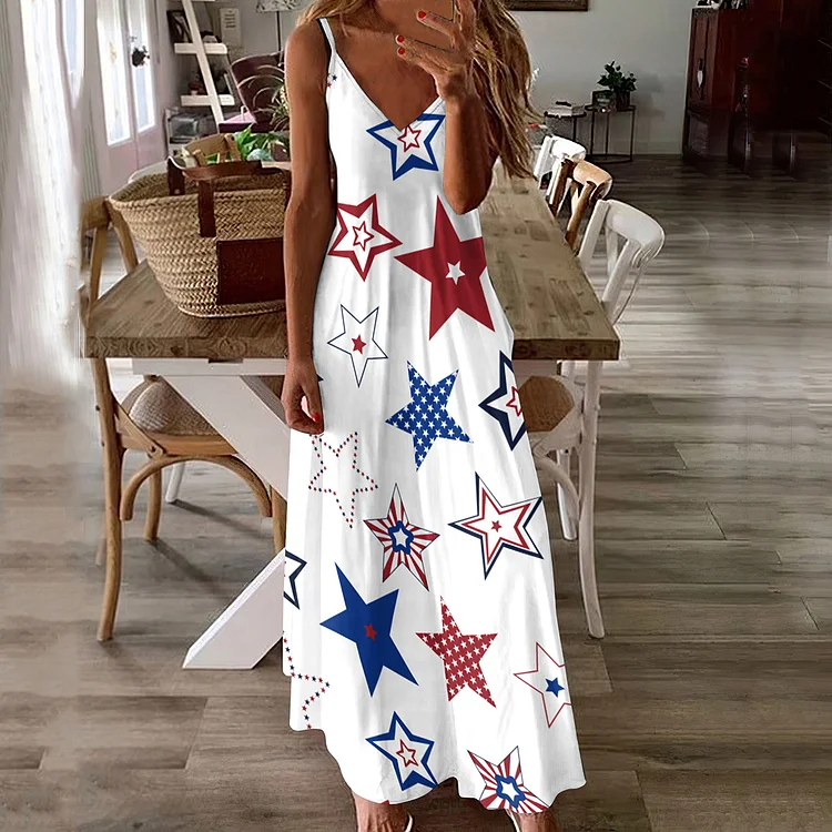 VChics American Flag Star Print Slip Women Maxi Dress