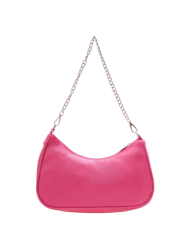 Fashion Women PU Solid Color Underarm Shoulder Bag Chain Handbag (Rose Red)