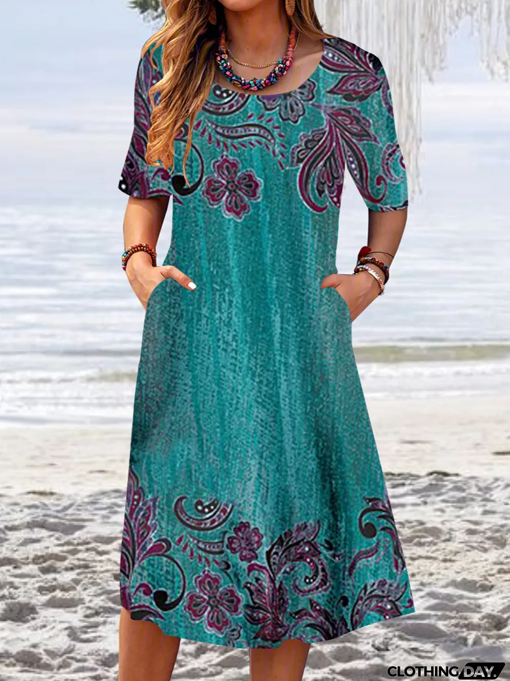 Women Short Sleeve Scoop Neck Floral Printed Graphic Dress