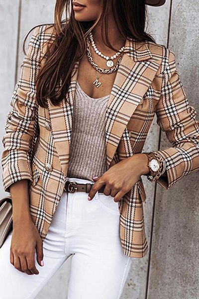 Elegant Plaid Striped Split Joint Buttons Turn-back Collar Outerwear