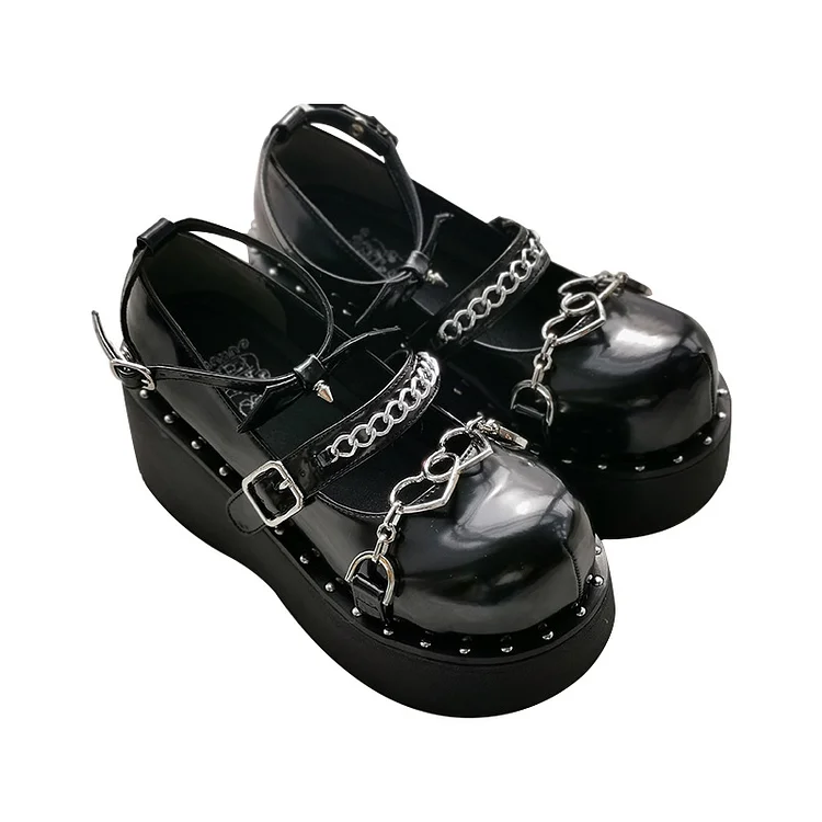 Chain-trimmed Buckle Straps Rivet Bowknot Platform Mary Jane Pumps