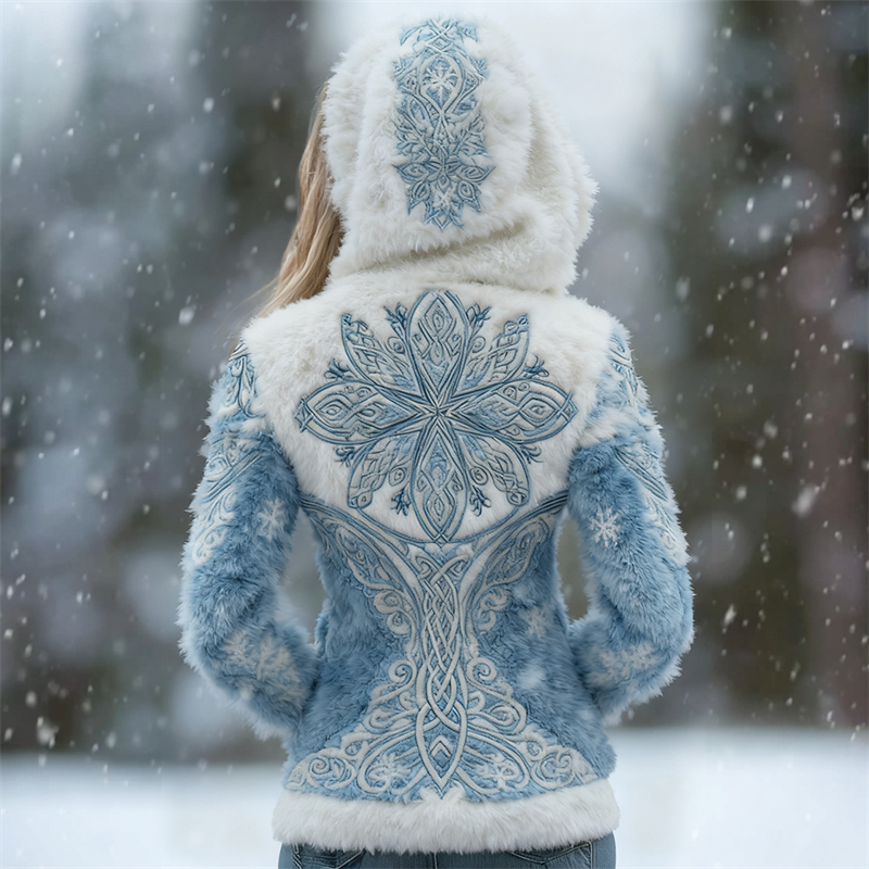 Vintage Snowflake Celtic Contrast Cozy Plush Hoodie elevenforest