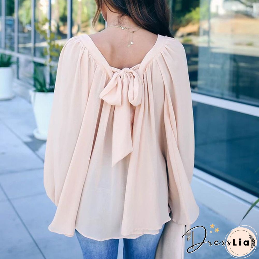 Plus Size XS-8XL Women's Fashion Clothes Pure Color Long Sleeve Shirts Elegant Ladies Casual V-neck Tops Spring and Autumn Bow-knot Lace Up Loose Chiffon Blouse