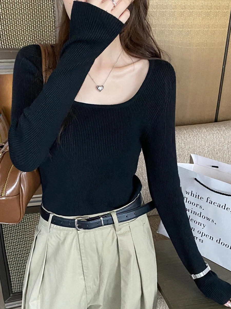 Ueong Sweater 2023 Early Autumn New Thin Sweater Short Sweater With Square Collar And Long Sleeves Inside