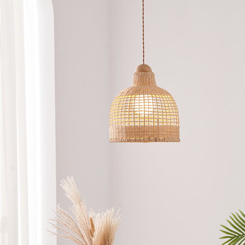 Traditional Japanese Cylinder Hemisphere Disc Base Rattan Bamboo 1-Ligth Pendant Light For Bedroom