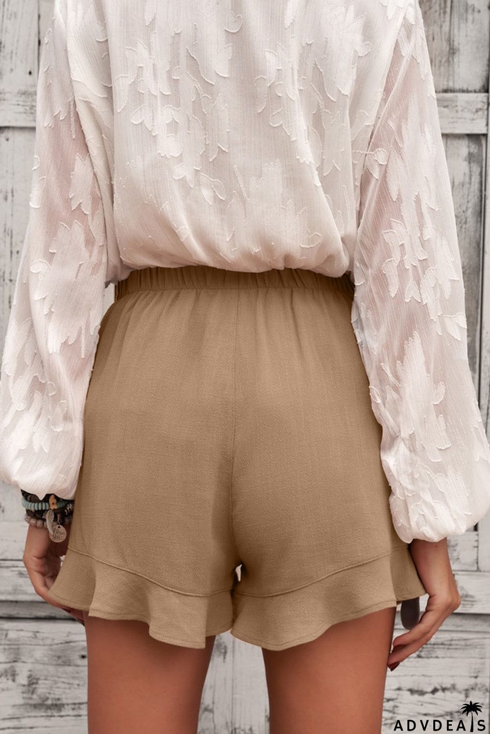 Women's Casual Pocketed Flutter Khaki Linen Cotton Shorts