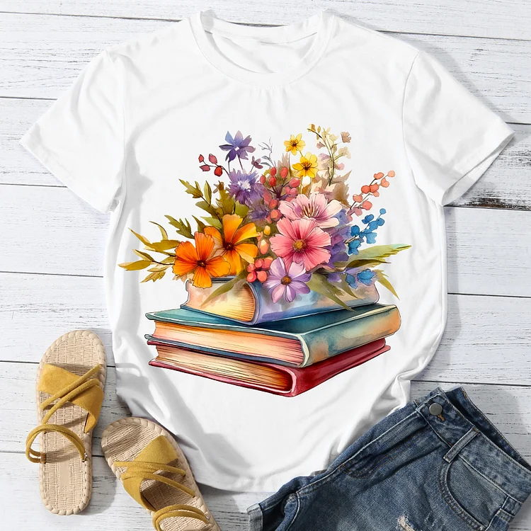 Flowers With Book Women's Casual Round Neck T-Shirt -BSTC1620