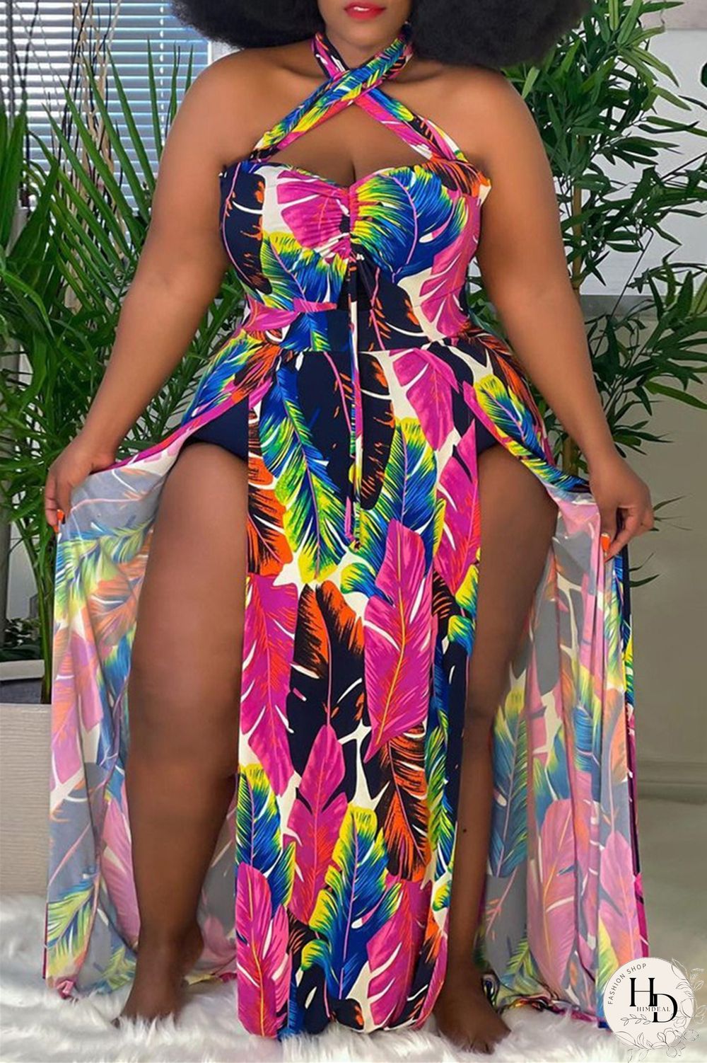 Yellow Fashion Sexy Plus Size Print Backless Slit Halter Sleeveless Dress