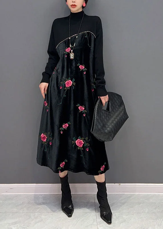 4.15Women Black High Neck Embroideried Knit Patchwork Silk Velour Dress Spring