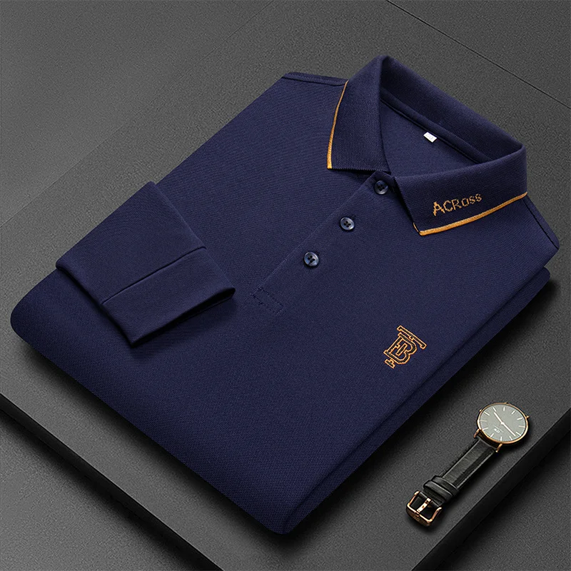 Polo Shirt Men's Business Striped Lapel Embroidered Long Sleeve Polo Shirt