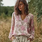 Bohemian Retro Countryside Style Plant Flower Design Cotton And Linen Women's Long-sleeve Shirt - Image 2