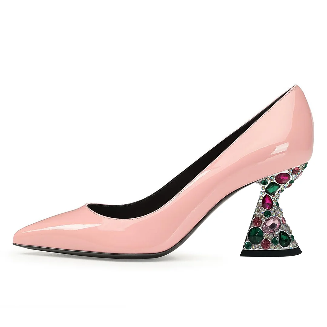 Light Pink Patent Leather Pointed Rhinestone Embellished Pumps