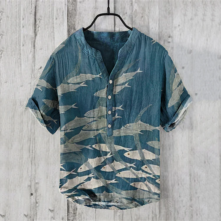Japanese Fish Art Print Linen Blend Cozy Shirt