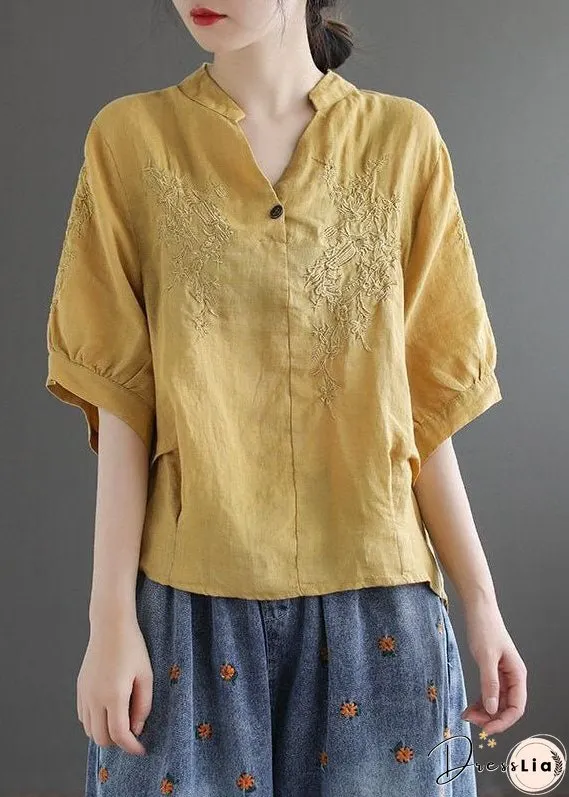 Women Coffee V Neck Embroideried Wrinkled Linen Blouse Top Lantern Sleeve