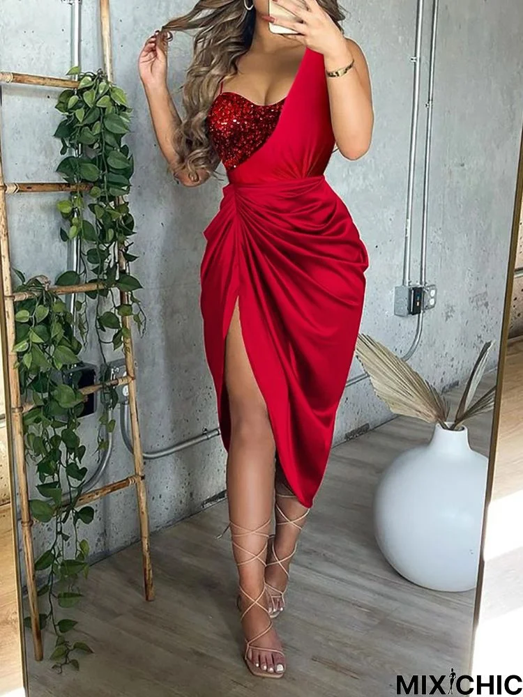 Solid Color Sexy Sequin Slit Full Skirt Pleated Single Shoulder Evening Dress