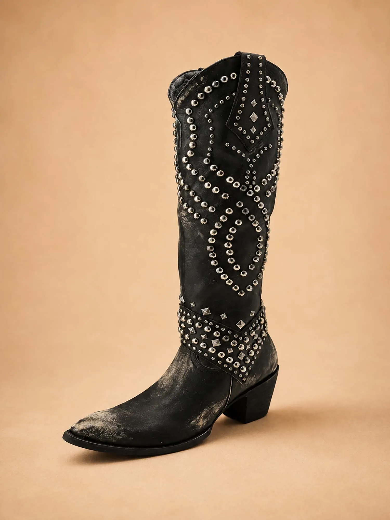 Standout at Your Next Country Festival, Rustic Red, Vintage Metal Rivets, Premium Vegan Leather, Women's Chunky Heel Cowboy Boots