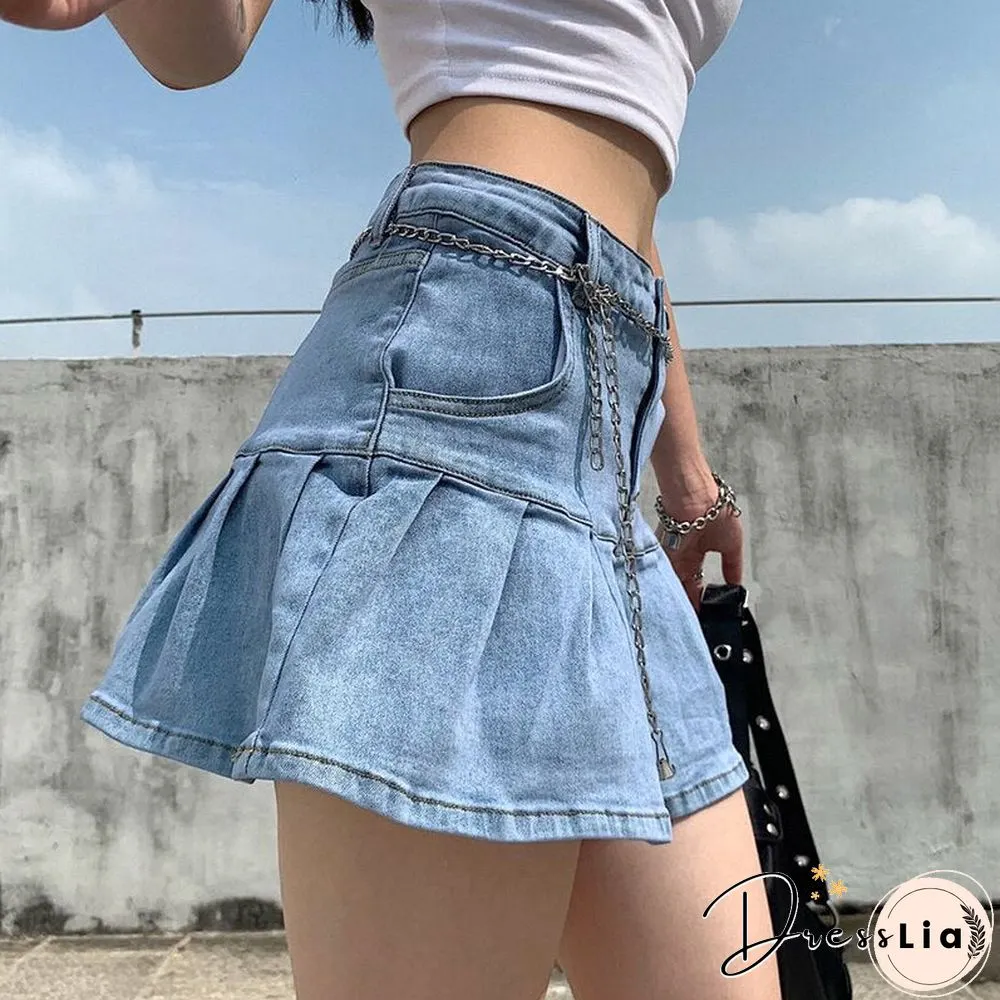 Womens Denim Skirts High Waisted Fashion Pleated Super Short Skirt Sexy Rave Party Club