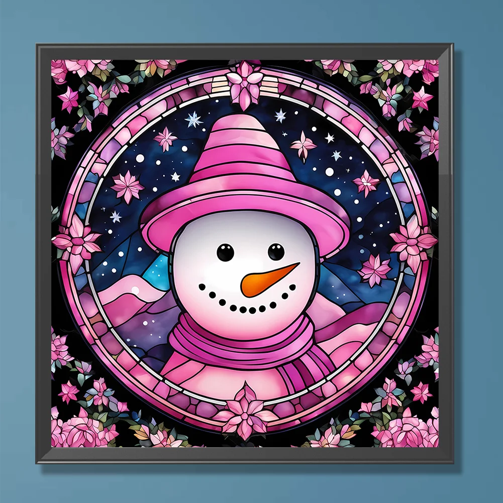 Full Round Diamond Painting 30*30cm - Pink Snowman Glass Painting