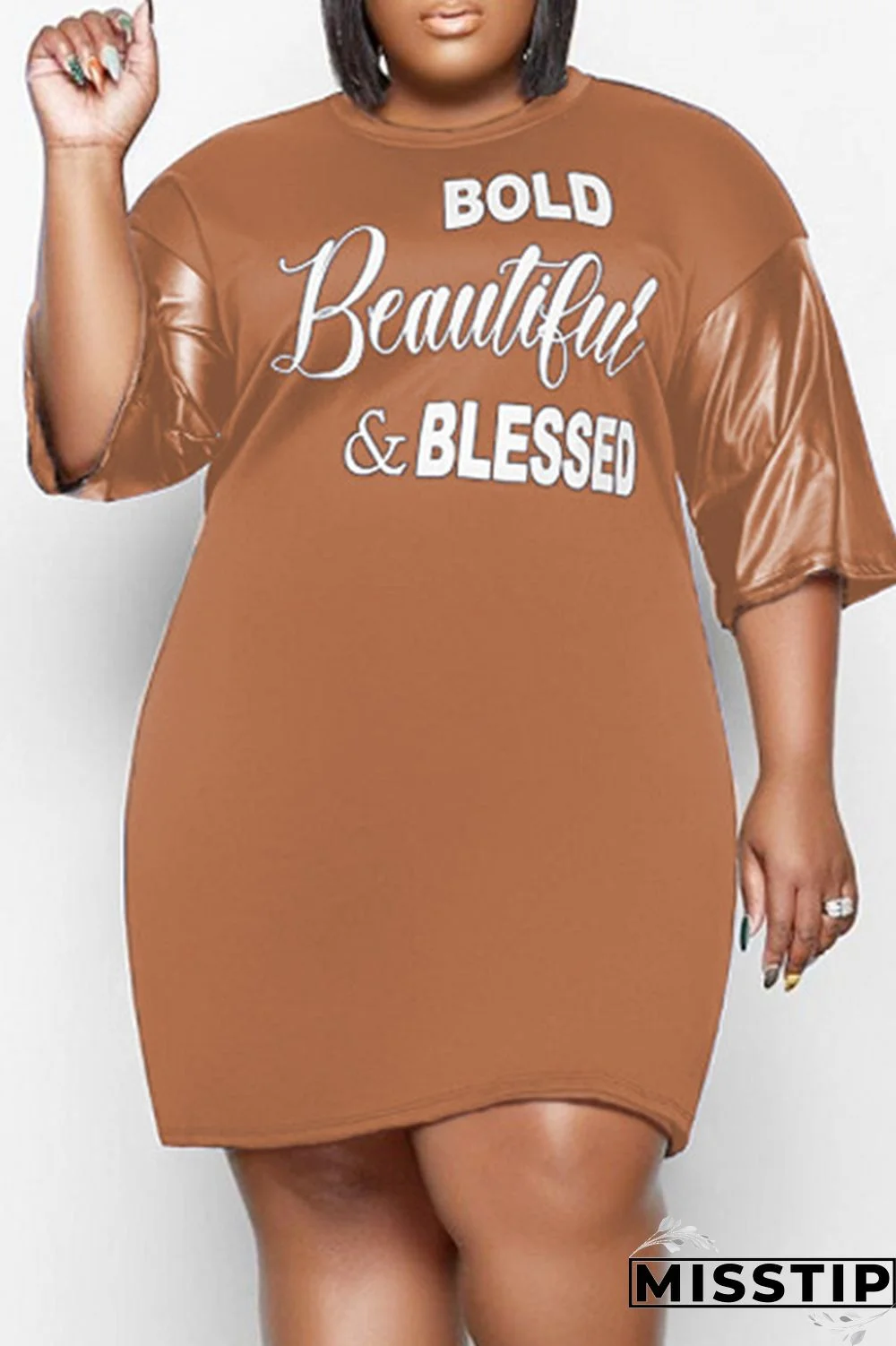 Black Fashion Casual Plus Size Letter Print Patchwork O Neck Short Sleeve Dress