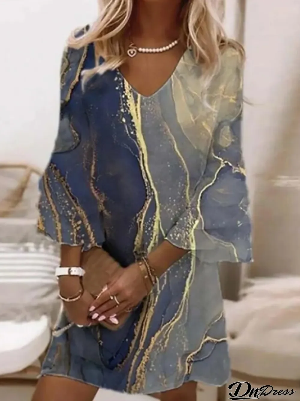 Women's Casual Dress Shift Dress Mini Dress Blue Khaki Dark Blue 3\/4 Length Sleeve Print Print Summer Spring V Neck Casual Loose Fit S M L XL XXL 3XL